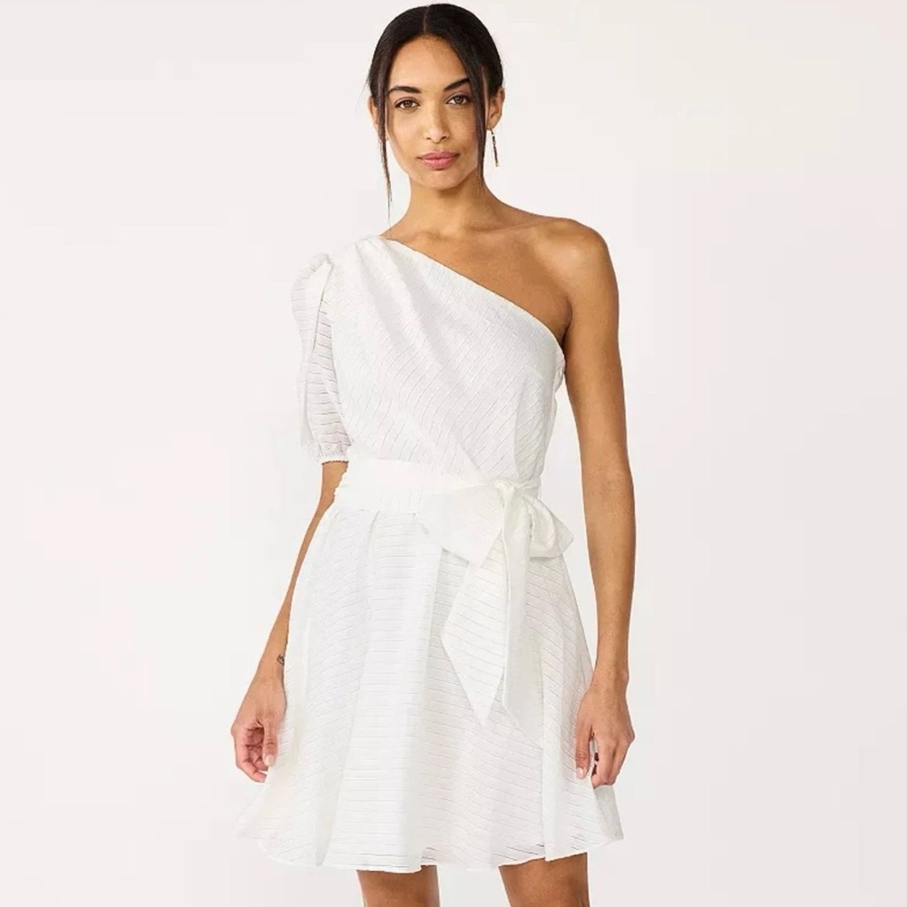 Nine West One-Shoulder White A-Line Dress with Waist Tie